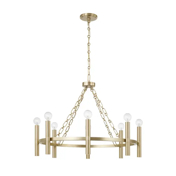 The Winton 8-Light Chandelier combines transitional elegance with contemporary appeal. Its 28-inch width and matte brass finish make it a versatile centerpiece for dining rooms and entryways, offering substantial illumination.