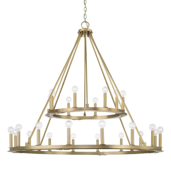 The Pearson 24-light chandelier commands attention with its dramatic two-tier ring design spanning 48 inches. The aged brass finish adds warmth and sophistication, while 24 lights provide exceptional illumination for large spaces.