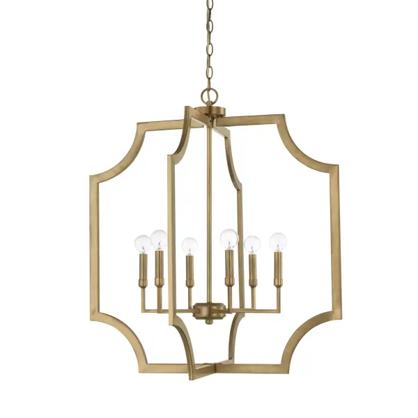 The Lesley 6-Light Foyer Pendant combines generous scale with refined transitional styling. Its aged brass finish adds warmth and sophistication to grand entryways and dining spaces, providing ample illumination.
