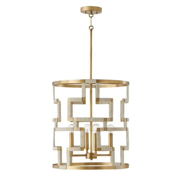 The Hala 4-Light Foyer Pendant combines bleached natural jute with patinaed brass for a sophisticated coastal aesthetic. Its medium scale and organic materials create inviting warmth in entryways and dining spaces.