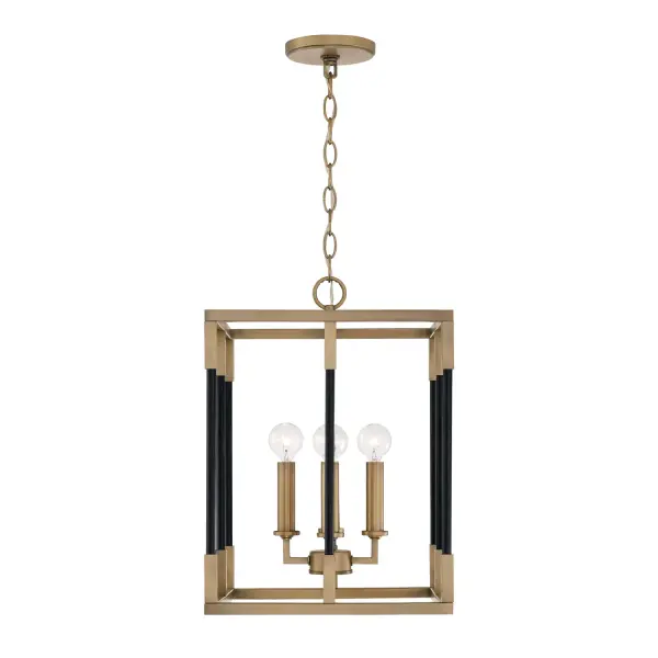 The Bleeker 4-Light Foyer Pendant combines aged brass and black finishes for a sophisticated transitional look. Its compact 13-inch width makes it ideal for smaller foyers and entryways while providing ample illumination.