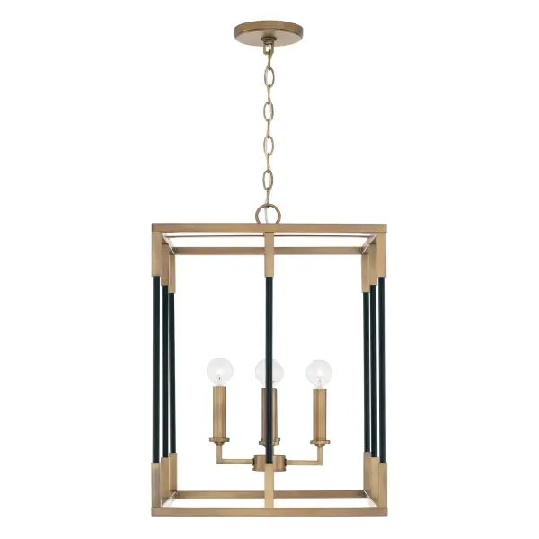 The Bleeker 4-Light Foyer Pendant combines aged brass warmth with bold black accents, creating a striking focal point for entryways. Its 16-inch width and 22.5-inch height make it ideal for medium-sized spaces.