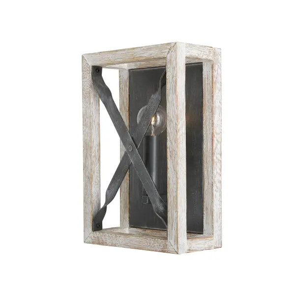 The Remi wall sconce combines brushed white wash wood tones with Nordic iron accents for a warm, rustic aesthetic. Its compact 8-inch width makes it ideal for bathrooms, hallways, and smaller spaces needing character.