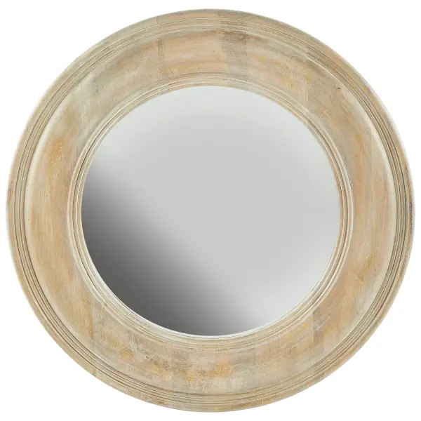 This 30-inch square mirror combines white washed wood with subtle gold leaf accents, creating a versatile piece that bridges coastal and farmhouse aesthetics. Perfect for adding light and dimension to smaller spaces.