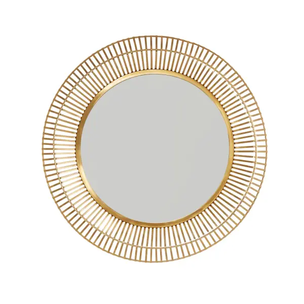 This 34-inch square mirror features a sleek metal frame in a sophisticated matte gold finish. Perfect for adding warmth and dimension to bathrooms, bedrooms, or entryways with its contemporary design.