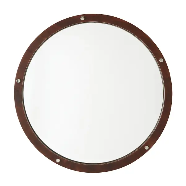 This 30-inch square mirror features a rich dark wood frame beautifully accented with polished nickel details, creating a sophisticated transitional piece that works in both classic and contemporary spaces.