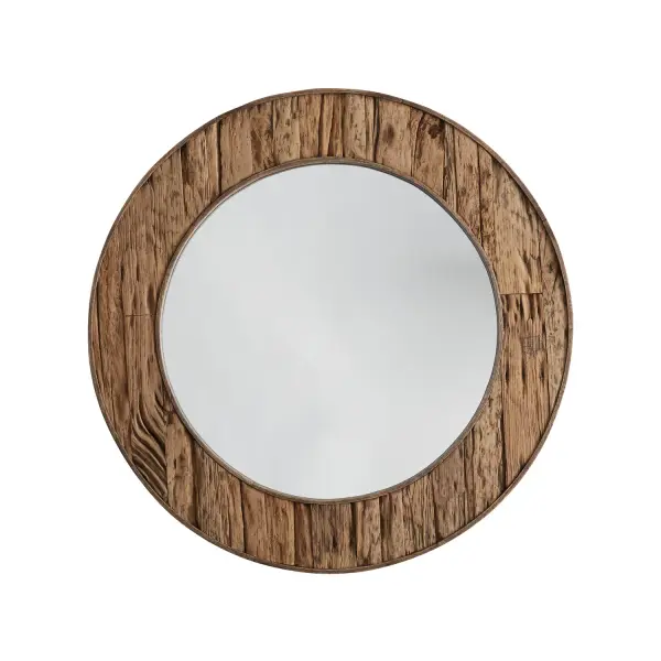 This 33.5-inch square decorative mirror features an authentic reclaimed railroad ties frame, bringing industrial-rustic charm and sustainable design to your home. Perfect for adding depth and character to living spaces.