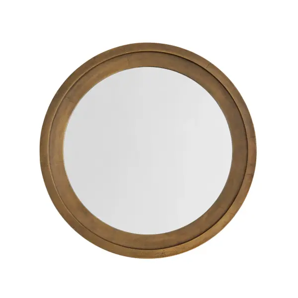 This 32.5-inch square cast aluminum mirror features an oxidized brass finish that adds warmth and character to any space. The substantial metal frame creates visual impact while maintaining versatility across design styles.