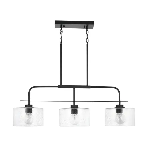 The Jake 3-Light Island Pendant combines sleek modern design with industrial appeal in a versatile matte black finish. At 36 inches wide, it's perfectly sized for standard kitchen islands and dining tables.