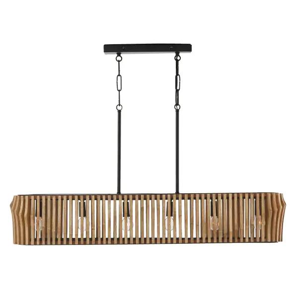 The Archer 6-Light Island Chandelier combines warm light wood tones with sleek matte black metal for a transitional look that works in both traditional and contemporary kitchens. Its 41-inch linear design provides excellent task lighting.