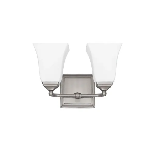 The Cade 2-Light Vanity offers a sleek, transitional design in brushed nickel that complements modern and traditional bathrooms alike. Its compact 12.5-inch width makes it ideal for powder rooms and smaller vanities.