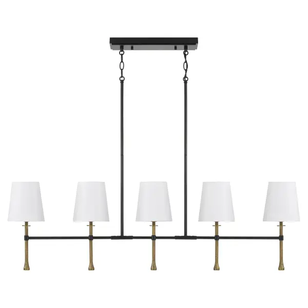 The Hollis 5-Light Island Chandelier combines matte black finish with hammered gold interior accents, creating a striking focal point. Its 48-inch linear design provides excellent task lighting over kitchen islands and dining tables.