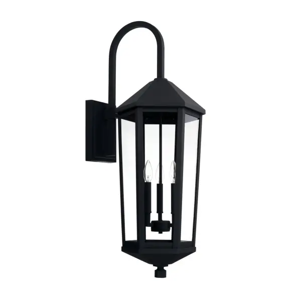The Ellsworth 3-light outdoor wall lantern makes a bold architectural statement with its impressive 36-inch height. Classic lantern styling in durable black finish provides timeless curb appeal and ample illumination.