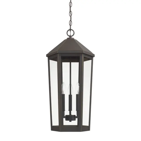 The Ellsworth 3-light outdoor hanging lantern combines traditional design with durable construction. Its oiled bronze finish and medium scale make it versatile for covered porches, patios, and entryways.