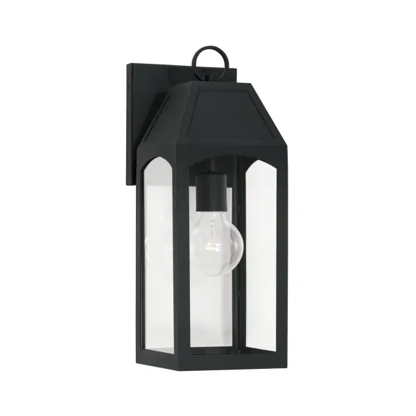 The Burton outdoor wall lantern combines traditional lantern styling with a clean black finish, perfect for adding welcoming illumination to entryways, porches, and patios. Its compact 6-inch width fits tight spaces.