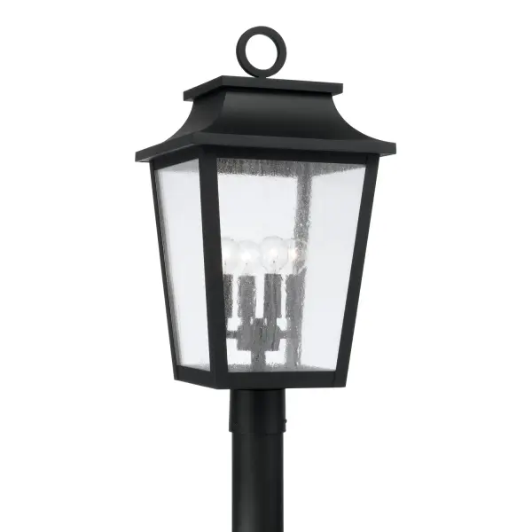 The Chandler post lantern combines traditional styling with durable outdoor construction. Four lights provide ample illumination while the black finish and glass panels create a welcoming entrance aesthetic.