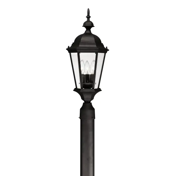 This traditional 3-light post lantern brings timeless charm to driveways, walkways, and entryways. The black finish and clear glass panels create a warm, inviting glow while the classic carriage house design complements both traditional and farmhouse exteriors.