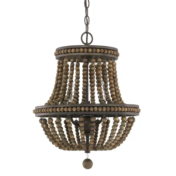 The Handley 3-light chandelier features natural wood beads in a tobacco finish, creating an inviting focal point perfect for smaller spaces. Its compact 15.75-inch width makes it ideal for breakfast nooks, bedrooms, and cozy dining areas.