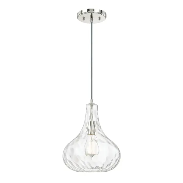The River pendant combines organic glass artistry with polished nickel hardware for a refined, contemporary look. Its compact 9-inch width makes it perfect for smaller spaces or grouped installations over islands.