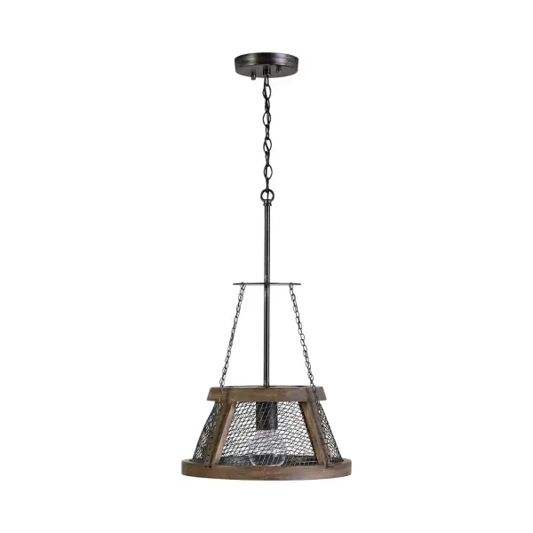 The Lagmore pendant blends industrial metal mesh with warm wood accents, creating a versatile fixture perfect for modern farmhouse or industrial-inspired spaces. Its compact 13.5-inch width makes it ideal for smaller areas.