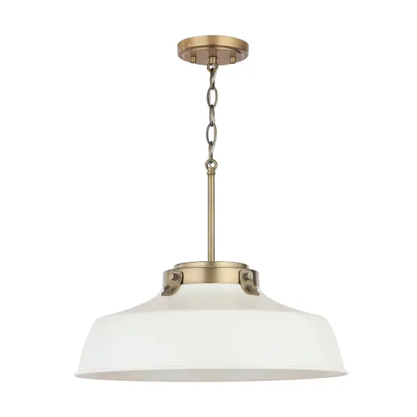 The Oakwood pendant combines a crisp matte white finish with simple metal construction for a fresh, adaptable look. At 18 inches wide, it's perfectly sized for kitchen islands, breakfast nooks, or small dining areas.
