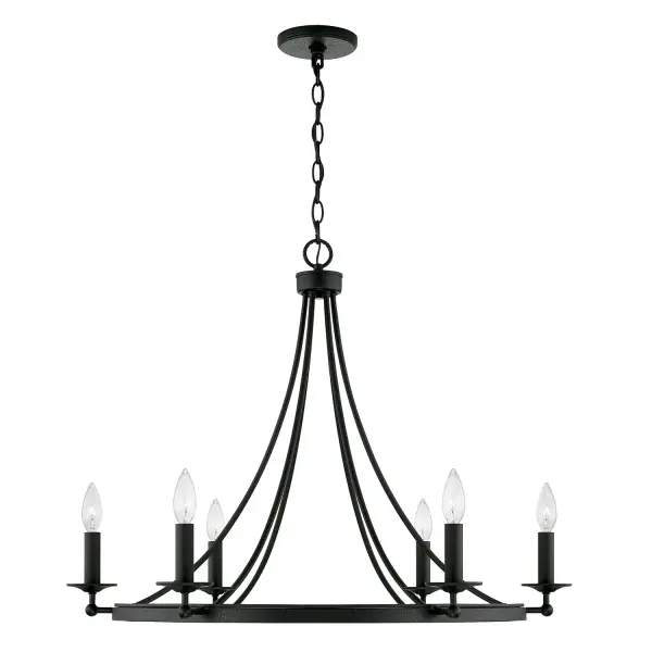 The Tempe 6-Light Chandelier combines industrial charm with transitional versatility. Its 30-inch width and black iron finish make it perfect for medium-sized dining rooms and kitchen islands.