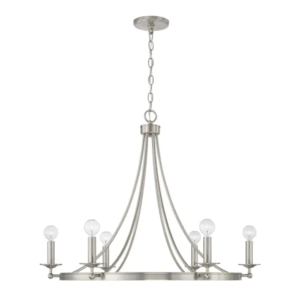 The Tempe 6-Light Chandelier combines transitional styling with a sophisticated brushed nickel finish. At 30 inches wide, it provides substantial presence perfect for medium to large dining rooms and entryways.
