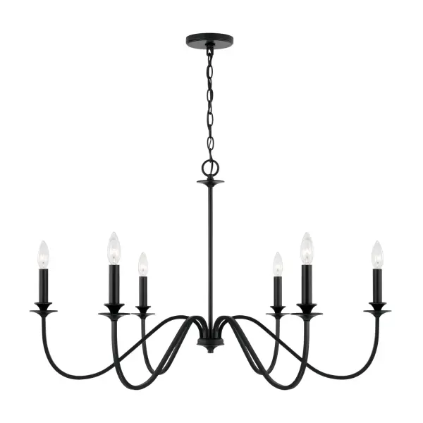 The Weston 6-Light Chandelier delivers dramatic impact with its 38-inch span and matte black finish. Perfect for large dining rooms and kitchen islands, this fixture combines modern sophistication with industrial charm.
