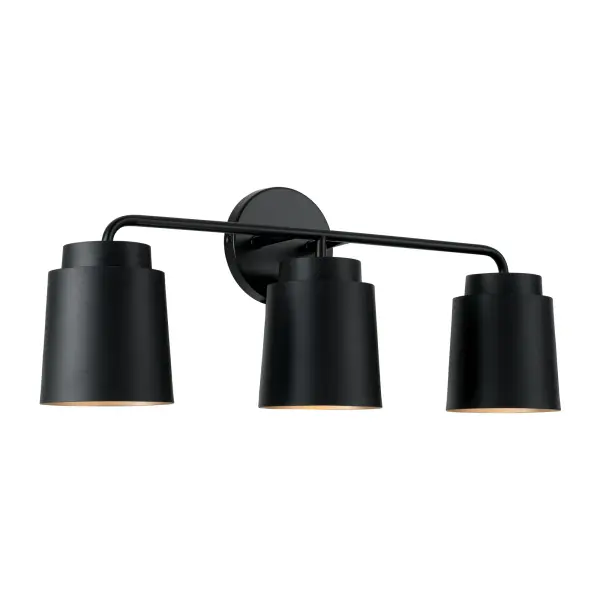 The Pratt 3-Light Vanity delivers contemporary style with its sleek matte black finish. At 24.5 inches wide, it's perfectly sized for medium vanities and provides excellent task lighting for daily grooming routines.