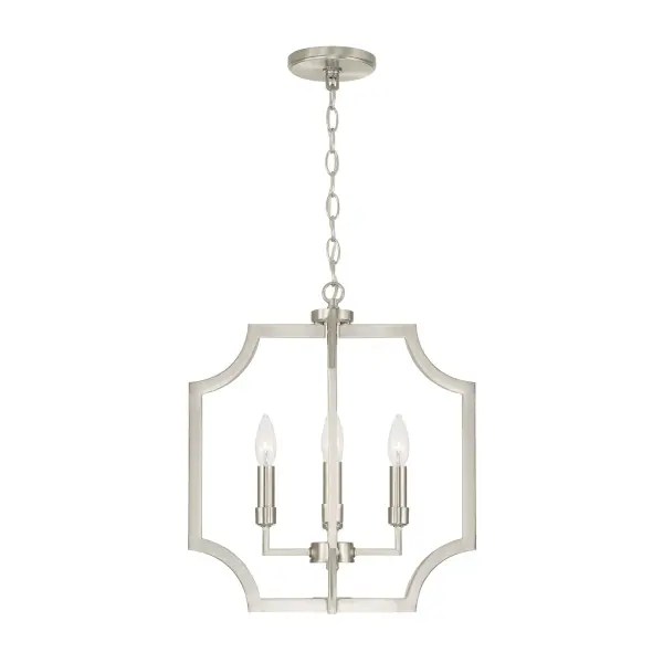 The Courtney 4-Light Foyer Pendant combines transitional elegance with practical illumination. Its 16-inch width and brushed nickel finish make it ideal for medium-sized entryways and foyers.