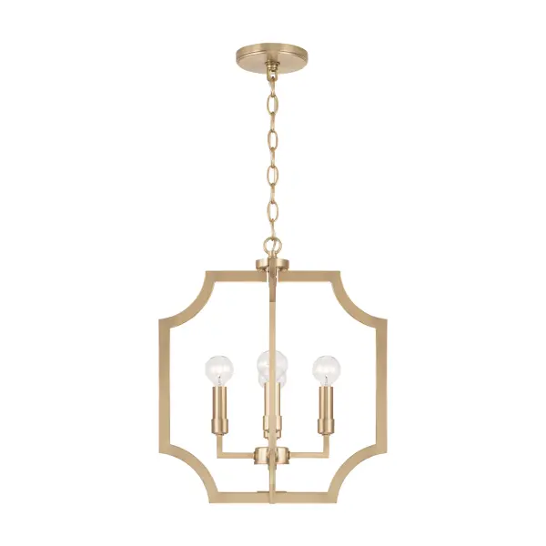 The Courtney foyer pendant combines transitional elegance with contemporary appeal. Its 4-light configuration and matte brass finish create a welcoming focal point for entryways and hallways.