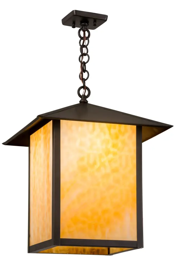 Solid brass pendant with Mission-style profile. Beige Art Glass diffuser and Craftsman Brown finish. Overall height ranges from 23 to 28 inches with adjustable chain. Ideal for dining tables and entryways. Part of our American- made; American-designed; handcrafted Craftsman Signature Series. UL and cUL listed for dry; damp; and wet locations.
