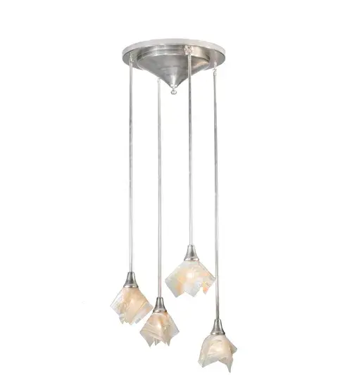 A Blush wine inspired the Handkerchief Blush Art Glass cascading chandelier. Pink; Gray; and White Glass are high-fired to fall into a flowing handkerchief shape. The fixture; enhanced with Brushed Nickel hardware; is a pleasant retreat from the ordinary for those that appreciate a work of beauty. Traditional artistry; high-fire kilns; and original tools are used to create art glass in the old world tradition. Ideal for installation in entryways; stairwells; lobbies; and other spaces in residential and hospitality locations from Palm Beach; Florida; to Austin; Texas; to Portland; Oregon. The Handkerchief B4 Light Cascading Pendant is featured in our American-made; American-designed; handcrafted Art Glass Lighting Collection. Each shade is a unique work of art with color variations based on natural ingredients inherent in the glass. Please get in touch with us if color matching is critical when ordering multiple items.