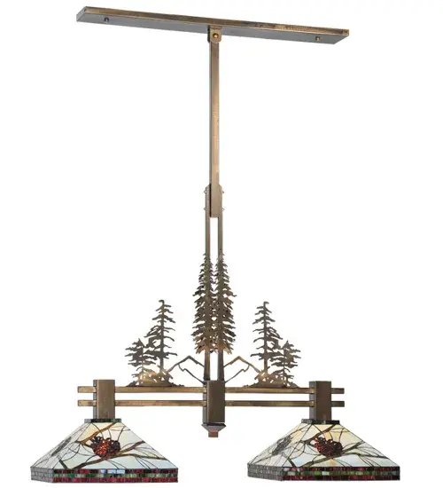 A stand of Tall Pines in front of a mountainside top the frame of this island/billiard pendant. This charming nature inspired fixture features Pinecone Mission design shades with Bark Brown granite glass Pinecones on a Clear granite glass background with pine needle detailing. Bone beige stained glass is geometrically divided by Burgundy and Moss Green bands on shades; suspended by hardware hand finished in Anitque Copper.