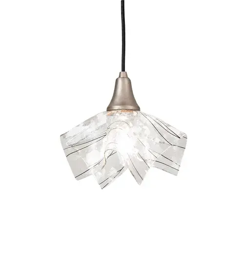 Bare trees against a winter sky inspired the Handkerchief Branches mini pendant. Frosted White glass is drizzled with Midnight Black and high-fired to fall into a flowing handkerchief shape. The fixture; enhanced with Brushed Nickel hardware and a black cord; is a pleasant retreat from the ordinary. This compelling lighting design features Art Glass as a uniquely decorative shade that is used as a mini pendant. Ideal for modern homes and restaurants and those that appreciate a work of beauty. Traditional artistry; high-fire kilns; and original tools are used to create art glass in the old world tradition. Ideal for installation in groups above bars; islands; counters; and dining tables in residential and hospitality locations from Palm Beach; Florida; to Austin; Texas; to Portland; Oregon. The Handkerchief Branches Mini Pendant is featured in our American-made; American-designed; handcrafted Art Glass Lighting Collection. UL and cUL listed for dry and damp locations. Each shade is a unique work of art with color variations based on natural ingredients inherent in the glass. Please get in touch with us if color matching is critical when ordering multiple items. - alternate view