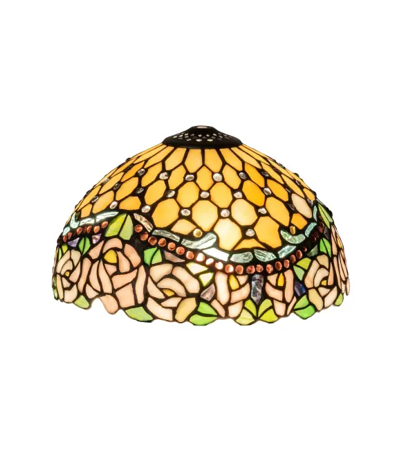 Bring art glass elegance into your home. The gleam from Clear Jewels accent a Diamond Grid of Creamy Beige art glass that tops this Victorian Rose shade. Dusky Pink Roses are bordered with a swooping band of glistening Lavender Jewels. The art glass shade is created using the famous Meyda Tiffany copperfoil construction. Each shade is a unique work of art with color variations based on natural ingredients inherent in the glass. Contact us if color matching is critical when ordering multiple items.