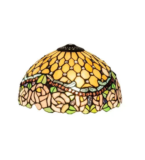 Bring art glass elegance into your home. The gleam from Clear Jewels accent a Diamond Grid of Creamy Beige art glass that tops this Victorian Rose shade. Dusky Pink Roses are bordered with a swooping band of glistening Lavender Jewels. The art glass shade is created using the famous Meyda Tiffany copperfoil construction. Each shade is a unique work of art with color variations based on natural ingredients inherent in the glass. Contact us if color matching is critical when ordering multiple items. - alternate view