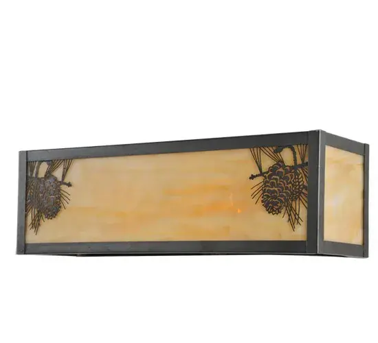 A Winter Pinecone with Pine Needles delicately etched in this stunning wall sconce. Rustic charm comes alive with soft ambient light projected through a stunning Beige Glass diffuser. The Nature Inspired Brass wall fixture doubles as a stunning vanity light and is complemented with Craftsman Brown finished hardware. Handcrafted by highly skilled artisans in our 180;000 square foot manufacturing facility in Yorkville; New York. Diffuser colors; metal finishes and fixture sizes can be customized to your needs. UL and cUL listed for dry and damp locations. - alternate view