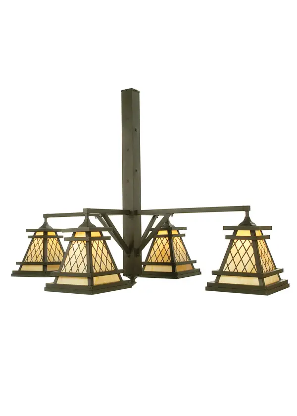 A unique combination of metal and glass, this four-light chandelier features four Beige Art Glass shades, each with a jaw-dropping trellis lighting design. The shade accents are offered in a powder-coated Wrought Iron finish for a stunning look that complements the hardware. The fixture is ideal for placement in living spaces, dining areas, and other areas in hospitality and residential settings. The overall height ranges from 36 to 151 inches as the chain easily adjusts on location to meet your specific requirements. The Wilson 4 Light Chandelier is included in our American-made, American-designed, handcrafted Craftsman Lighting Collection, which is manufactured in Yorkville, New York. It is UL and cUL listed for dry and damp locations. Collection: Wilson Finish: Wrought Iron Powdercoat Wrought Iron Powdercoat Glass: Beige Art Glass Width: 65.00" Height: 36.00" Length: 42.50" Weight: 76.00 lb Extension from Wall: 42.50" Number of Bulbs: 4 Maximum Wattage: 60.00 W Bulb Type: A19 Bulb Base: E26 Material: Metal Country of Origin: USA Safety Listing: Damp Safety Rating: Damp