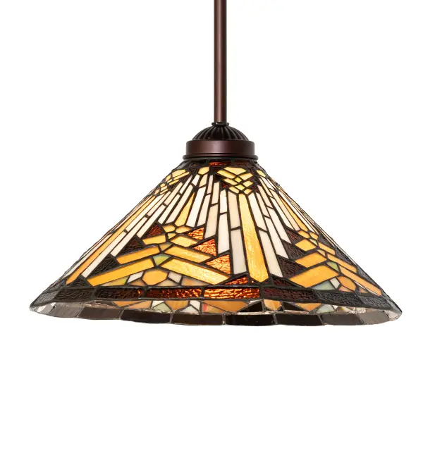 Like gazing out your window across the warm desert at sunset; interlocking tiles of Sand tone Beige glow behind the sun; glistening Orange; Amber Green; and Brown rays. A Root Brown border surrounds this intricate design. The stunning Nuevo Mission shade is created using the famous Meyda Tiffany copperfoil construction method and enhanced with hardware featured in a warm Mahogany Bronze finish. Install the pendants to illuminate dining and living spaces in residential; commercial; and hospitality settings in Buffalo; New York; Houston; Texas; and Fremont; California. The overall height can be adjusted by combining the four stem lengths that are included: 6-inch; 12-inch; 16-inch; and 24-inch in any combination to achieve the desired drop from the ceiling. The Nuevo Mission Pendant is featured in our American-designed; handcrafted Stained Glass Lighting Collection. UL and cUL listed for dry and damp locations. Each shade is a unique work of art with color variations based on natural ingredients inherent in the glass.