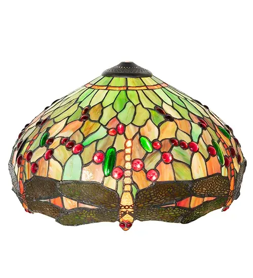 This version of a most beloved stained glass dragonfly design is modeled after the original hanging head dragonfly from Tiffany Studios. Diving Blue Dragonflies with glowing Red jeweled eyes and delicate metal filigree wings circle over hand-cut and copperfoiled pieces of Pond Green and Lakeside Blue Ripple glass that represent the water. Emerald Green and Ruby Red jewels accent the background. This lovely shade is created using the famous Meyda Tiffany copperfoil construction. Pair this shade with a base to create a beautiful table or floor lamp; or add hardware to build a gorgeous ceiling fixture. Each shade is a unique work of art with color variations based on natural ingredients inherent in the glass. Please feel free to contact us if color matching is critical when ordering multiple items. - alternate view