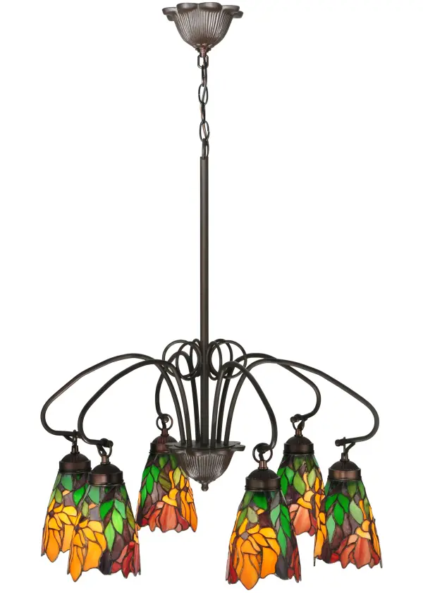 Stylized Coral and Burgundy Iris flowers with Spring Green leaves enhance six delicate stained art glass shades created with hand-cut glass and the famous Meyda Tiffany copperfoil construction technique. The shades are suspended from the gracefully curving Hand-forged Iron arms of a three-light chandelier; hand-finished in a warm Mahogany Bronze. The overall height ranges from 36 to 71.5 inches as the chain easily adjusts in the field for your specific lighting application. The Iris 3 Light Chandelier is included in our American-designed; handcrafted Stained Glass Lighting Collection. UL and cUL listed for dry and damp locations.