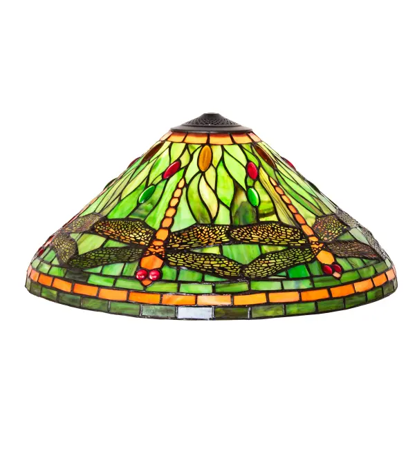 Inspired by Tiffany Studio's classic Dragonfly lighting masterpiece. Orange dragonflies with glowing Red glass jeweled eyes and metal filigree wings dive over a Green and Orange background with Orange and Green/Brown Bands. The shade is accented with Green; Red and Amber colored jewels. The art glass shade is created using the famous Meyda Tiffany copperfoil construction. Ideal for embracing a base to create a gorgeous table/floor lamp or hardware to build a Beautiful ceiling fixture. Each shade is a unique work of art with color variations based on natural ingredients inherent in the glass. Contact us if color matching is critical when ordering multiple items.