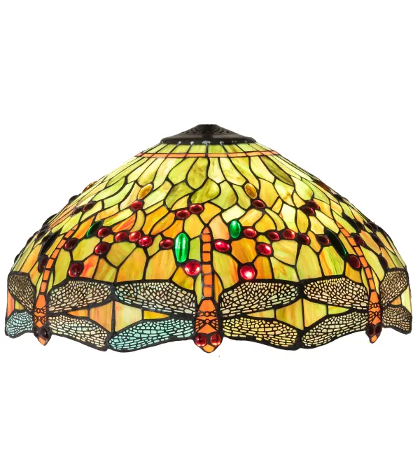 Inspired by one of Tiffany Studio's classic Dragonfly lighting masterpiece. Orange dragonflies with glowing Red glass jeweled eyes and Multi-colored filigree wings dive over a Green and Orange background. The stunning shade is accented with Red; Green and Amber glass jewels. The art glass shade is created using the famous Meyda Tiffany copperfoil?construction. Ideal for embracing a base to create a gorgeous table/floor lamp or hardware to build a beautiful ceiling fixture.