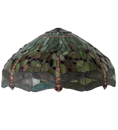 Inspired by one of Tiffany Studio's classic Dragonfly lighting masterpiece. Orange dragonflies with glowing Red glass jeweled eyes and Multi-colored filigree wings dive over a Green and Orange background. The stunning shade is accented with Red; Green and Amber glass jewels. The art glass shade is created using the famous Meyda Tiffany copperfoil?construction. Ideal for embracing a base to create a gorgeous table/floor lamp or hardware to build a beautiful ceiling fixture. - alternate view