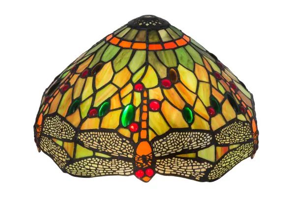 Inspired by one of Tiffany Studio's classic Dragonfly lighting masterpiece. Orange Dragonflies with glowing Red glass jeweled eyes and Multi-colored Filigree wings dive on a stunning Green and Orange background. The beautiful shade is accented with Red; Green and Amber glass jewels. The art glass shade is created using the famous Meyda Tiffany copperfoil construction. Ideal for embracing a base to create a gorgeous table/floor lamp or hardware to build a striking ceiling fixture.