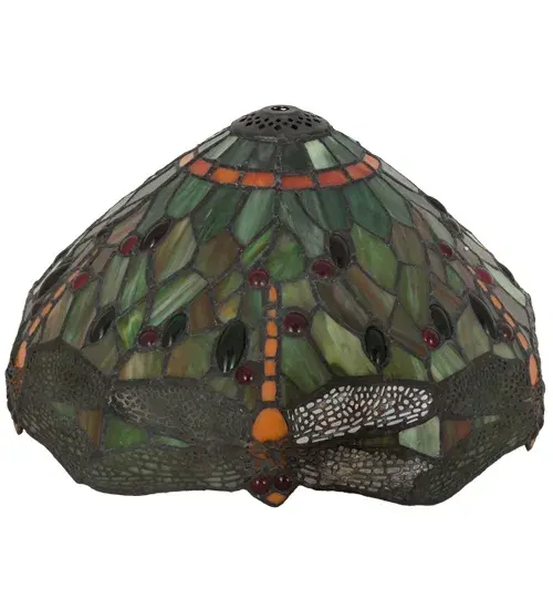 Inspired by one of Tiffany Studio's classic Dragonfly lighting masterpiece. Orange Dragonflies with glowing Red glass jeweled eyes and Multi-colored Filigree wings dive on a stunning Green and Orange background. The beautiful shade is accented with Red; Green and Amber glass jewels. The art glass shade is created using the famous Meyda Tiffany copperfoil construction. Ideal for embracing a base to create a gorgeous table/floor lamp or hardware to build a striking ceiling fixture. - alternate view