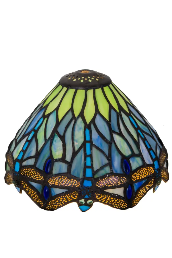 This version of a most beloved stained glass dragonfly design from Tiffany Studios is modeled after the original hanging head dragonfly. Diving Blue dragonflies with glowing Green jeweled eyes and delicate Amber metal filigree wings circle over hand cut and copper foiled pieces of Lakeside Blue and Pond Green glass that represent rippling water. The shade is accented with Blue jewels. This lovely shade is created using the famous Meyda Tiffany copperfoil construction. Each shade is a unique work of art with color variations based on natural ingredients inherent in the glass. Contact us if color matching is critical when ordering multiple items. Collection: Tiffany Hanginghead Dragonfly Finish: Blue/Green Lt Blue Green Glass: Blue/Green Water/Green Opal Width: 7.50" Height: 5.50" Length: 7.50" Weight: 1.00 lb Country of Origin: CHINA Safety Listing: Dry Safety Rating: Dry
