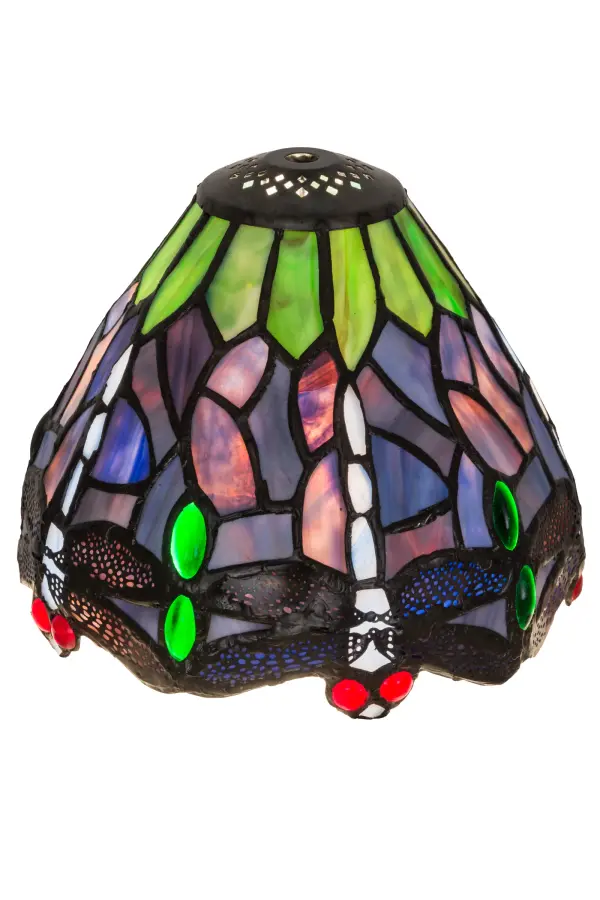 This beloved lighting design is modeled after the original hanging head dragonfly from Tiffany Studios. Diving Blue Dragonflies with glowing jeweled eyes and delicate metal filigree wings circle over hand-cut and copperfoiled pieces of Lakeside Blue and Pond Green glass representing rippling water. This lovely shade is created using the famous Meyda Tiffany copperfoil construction and can be paired with a base to create a floor or table lamp. It can also be used to build a stunning ceiling fixture. The Tiffany Hanginghead Dragonfly Shade is included in our American-designed, handcrafted Tiffany Reproduction Collection. Each shade is a unique work of art with color variations based on natural ingredients inherent in the glass. Collection: Tiffany Hanginghead Dragonfly Finish: Purple/Blue Lt Blue Purple/Blue Glass: Stained Glass Width: 7.50" Height: 5.50" Length: 7.50" Weight: 1.50 lb Country of Origin: CHINA Safety Listing: Dry Safety Rating: Dry