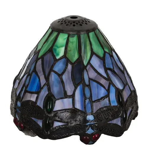 This beloved lighting design is modeled after the original hanging head dragonfly from Tiffany Studios. Diving Blue Dragonflies with glowing jeweled eyes and delicate metal filigree wings circle over hand-cut and copperfoiled pieces of Lakeside Blue and Pond Green glass representing rippling water. This lovely shade is created using the famous Meyda Tiffany copperfoil construction and can be paired with a base to create a floor or table lamp. It can also be used to build a stunning ceiling fixture. The Tiffany Hanginghead Dragonfly Shade is included in our American-designed, handcrafted Tiffany Reproduction Collection. Each shade is a unique work of art with color variations based on natural ingredients inherent in the glass. Collection: Tiffany Hanginghead Dragonfly Finish: Purple/Blue Lt Blue Purple/Blue Glass: Stained Glass Width: 7.50" Height: 5.50" Length: 7.50" Weight: 1.50 lb Country of Origin: CHINA Safety Listing: Dry Safety Rating: Dry - alternate view